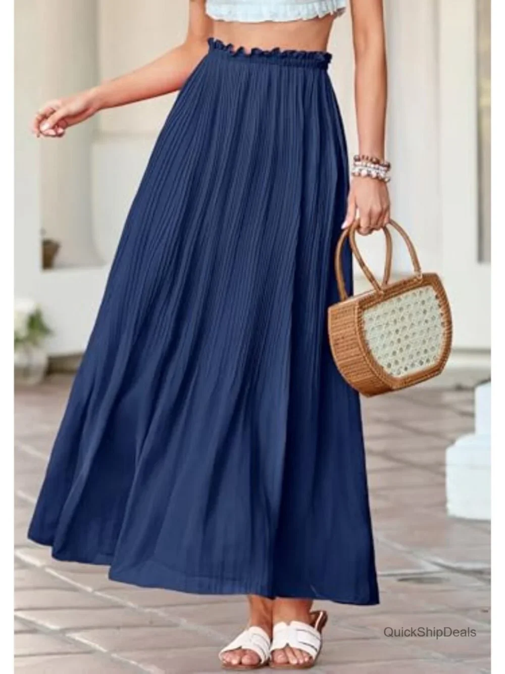 Pleated Chiffon A-Line Elastic High Waist Midi Skirt for Summer Vacation Office
